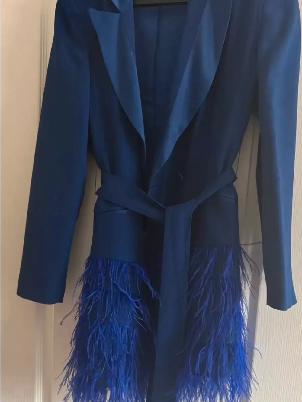Karen Millen Royal Blue Feather-Trim Belted Blazer